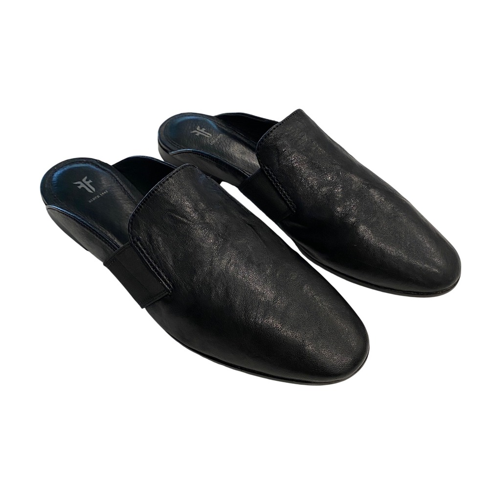 Frye Womens 7M Black Leather Almond Toe Slip On Flat Mules 3476150-BLK